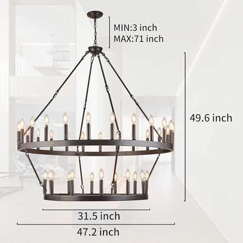 Rustic Farmhouse Wagon Wheel Chandelier Large Chandeliers for High Ceilings Oil Rubbed Bronze 2 Tier 36 Lights 48 Inch for Dining Room Living Room Foyer Porch Kitchen Island