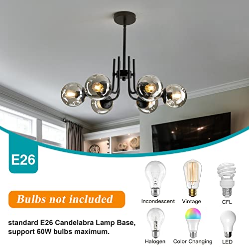 6 Lights Glass Globe Sputnik Chandeliers Modern Metal Ceiling Light Fixture Black Semi Flush Mount Chandelier for Living Room Dining Room Bedroom Farmhouse Kitchen