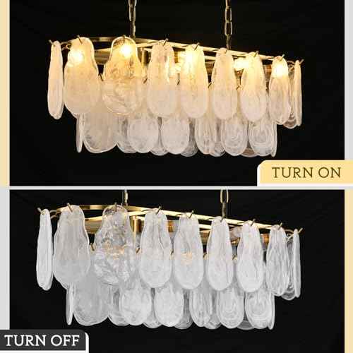 KELUOLY Gold Rectangle Chandeliers for Dining Room Modern Island Light Crystal Cloud Glass 8-Light Chandelier 2 Tier Rectangular Linear Pendant Hanging Ceiling Light Fixture for Kitchen L31.5” (E12)