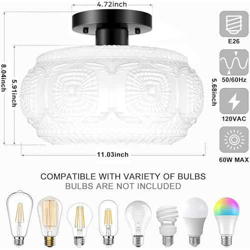 11 Inch Milk Glass Semi Flush Mount Ceiling Light Fixture