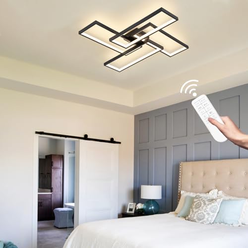 Modern LED Ceiling Lights for Bedroom 26" Dimmable Square Ceiling Lights for Living Room with Remote Control Black Bedroom Light Fixture for Kitchen