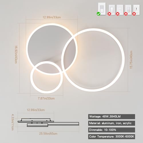 Modern 3 Ring LED Chandelier Lamp Fixture White 25.59''Dimmable Acrylic Flush Mount Ceiling Lights with Remote Control Ideal for Small Room