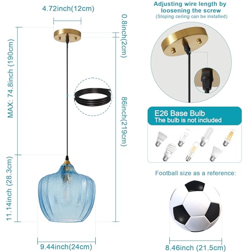 Blue Glass Pendant Lights Kitchen Island Gold Hanging Ceiling Light 9.45"