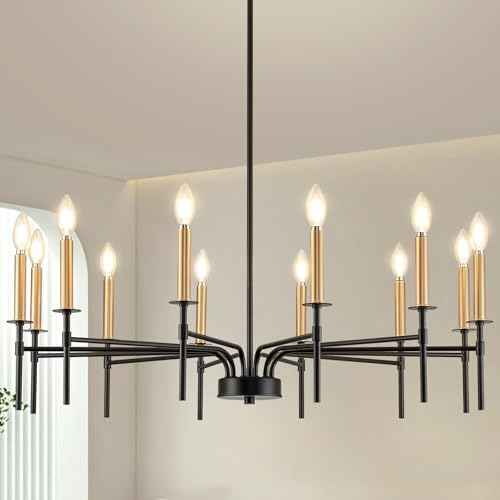12 Light Modern Farmhouse Black and Gold Chandeliers for Dining Room Light Fixture, Metal Candle Chandelier Lighting Fixtures for Living Room Stair Foyer Entryway Bedroom Kitchen
