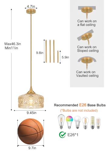 Brushed Gold Vintage Pendant Light Amber Glass Island Lights for Kitchen