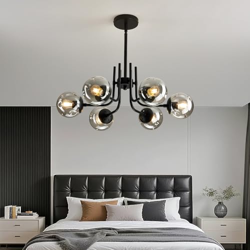 6 Light Glass Globe Sputnik Chandeliers Modern Matte Black Ceiling Light Fixture Semi Flush Mount Ceiling lamp for Living Room Dining Room Farmhouse Bedroom Kitchen