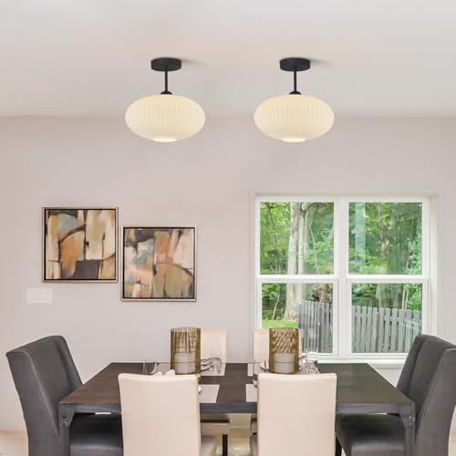 Large Milk Glass Ceiling Light Mid Century Modern Semi Flush Mount Ceiling Light Fixture Farmhouse Black Ceiling Lights for Closet Hallway Bathroom
