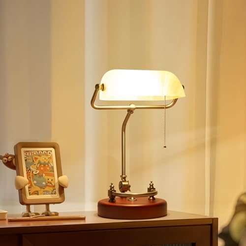Bankers Lamp Traditional White Glass Desk Lamp Solid Wood Pull Chain Switch