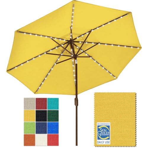 USA 10-Year-Non-Fading 9ft Market Patio Umbrella, Commercial Grade Table Sun Umbrella with 80 Solar LED Lights, Crank Open, Windproof & UPF 50+ UV Protection for Garden, Deck, Pool, Backyard, Sunflower Yellow