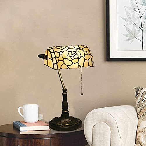 Rose Bankers Lamp Tiffany Vintage Table Lamp Stained Glass Beige Rose Lampshade Table Light Piano Desk Lamp Bedroom Bedside Lamp for Livingroom Office Study