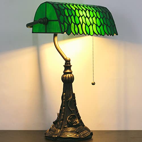 Tiffany Banker Lamp Small Stained Glass Table Lamp Green Wisteria Leaf
