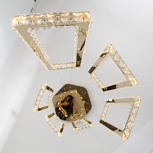 Modern Led Gold Chandelier Adjustable 6 Rings Crystal Chandelier for Living Room Foyer Stairwell Lighting High Ceiling Lamp Dimmable 2700K