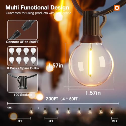 200FT Outdoor String Lights G40 with Remote Control Dimmable Patio Globe LED 108 Bulbs Waterproof Shatterproof (200 Foot)