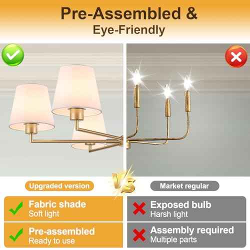 Brass Gold Chandeliers for Dining Room, 36" 6 Light No Assembly Required Antique Modern Gold Chandelier Light Fixture with White Fabric Shade, Classic Kitchen Pendant Lights over Table for Bedroom
