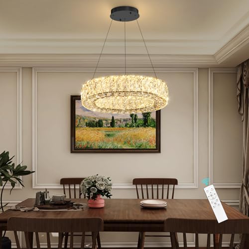 16 Inch Chandelier Glam Dimmable LED Crystal Chandeliers Luxury Round Pendant Lighting Fixtures for Dining Room Bedrooms Black
