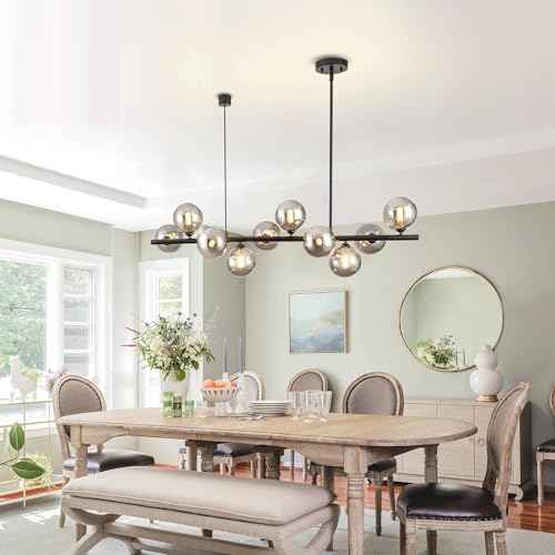 Linear Chandeliers for Dining Room 10 Light Modern Linear Chandelier Sputnik Ceiling Light Fixture, 40" Island Lights for Kitchen with Smokey Gray Lampshade Dining Room Chandelier Height Adjustable