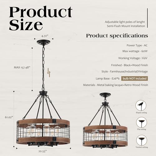 6 Light Farmhouse Drum Wood Pendant Light (6 Count)