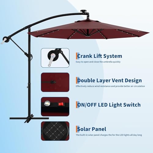 10FT Solar Lights Offset Patio Umbrella with Cross Base