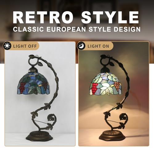 Tiffany Style Table Lamp Tulip Style Stained Glass Desk Light 8x10x21 Inch Bronze Metal Leaf Base Vintage Art Deco Desk Lamp for Bedroom