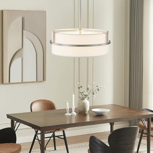 15.7" Modern Drum Chandelier Ceiling Light with White Fabric Shade