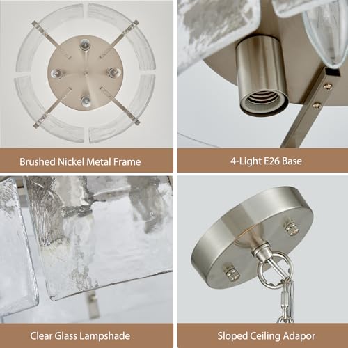 4 Light Glass Brushed Nickel Chandeliers for Dining Room 17.3" Round Modern Farmhouse Chandelier Drum Hanging Pendant Ceiling Light Fixture for Hallway Entryway Kitchen Island Foyer Bedroom