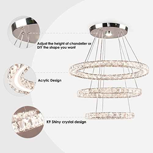 Dimmable LED Chandeliers Modern Crystal Chandeliers Ceiling Light Three Rings Pendant Light with Acrylic for Bedroom Dinning Room Hallway
