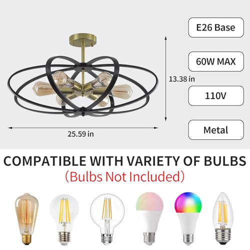 Semi Flush Mount Ceiling Light Fixture Chandelier 25''Black Gold Bedroom Ceiling Lights 6 (6 Count)