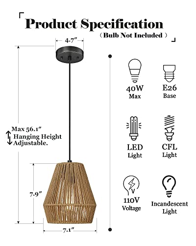 Boho Woven Pendant Lights 7” Rustic Rattan Hanging Lamp Adjustable Handwoven Basket Shade
