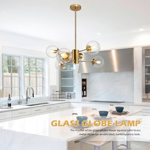 6 Light Globe Sputnik Chandelier Modern Gold Sputnik Chandelier Mid Century Pendant Light Brushed Brass Finished with Clear Globe Glass Lampshade Chandeliers for Dining Room Kitchen
