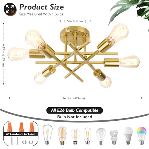 6 Light Gold Semi Flush Mount Ceiling Light Fixture