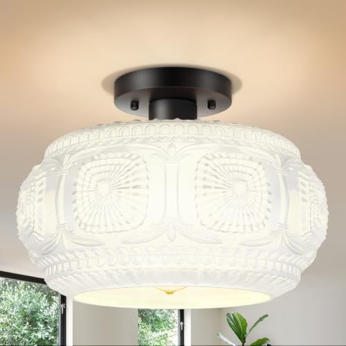 12" Milk Glass Semi Flush Mount Ceiling Light Fixture