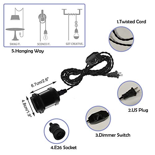 3 Pack 15 ft Plug in Black Twisted Wire Hanging Light Matte Black Base Dimmable Pendant Light Fixture Retro Vintage E26 Edison Socket Ceiling Light for Loft Corridor Dorm Bulb Not Included