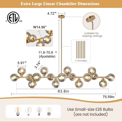 75'' Gold Linear Chandeliers for Dining Room Modern Extra Large Chandelier