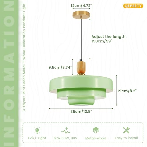 Mint Green Pendant Light with Solid Wood Adjustable Hanging Light