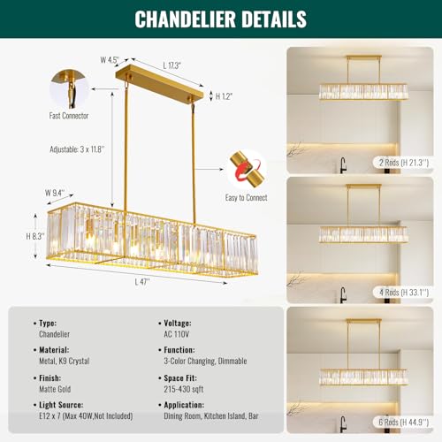 Modern Gold Rectangular Crystal Chandelier for Dining Room L47''