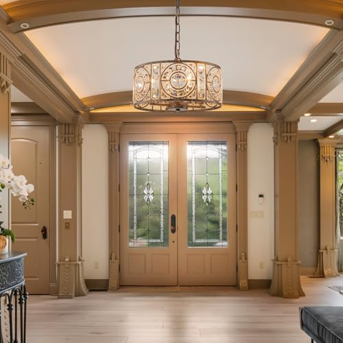 Bronze Vintage Crystal Chandeliers for Dining Room 14.17" Drum Pendant Lights