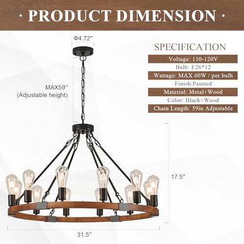 Farmhouse Wood Wagon Wheel Chandelier 12 (12 Count)