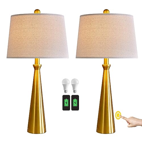 25.75" 3 Way Dimmable Touch Control Modern USB Table Lamp Set of 2 for Living Room Bed Room Bedside Nightstand Lamps Fabric Shade Vintage Accent Light Gold Antique Brass (2 Count)