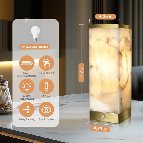 Modern Alabaster Rechargeable Cordless Table Lamp for Living Room