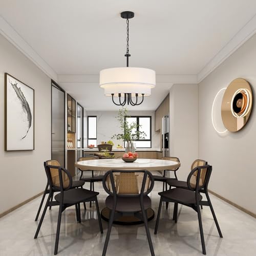 Black Drum Chandelier with White Fabric Shades 18" Farmhouse Chandelier