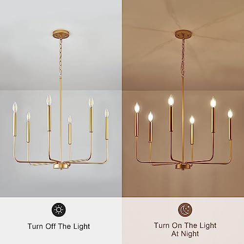 Modern Gold Chandelier for Dining Room,Metal 6-Light Kitchen Light Fixtures,Farmhouse Candle Hanging Pendant Light for Living Room Entryway Foyer Bedroom (Bulb Not Included)