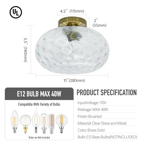 Brass Gold Semi Flush Mount Ceiling Fixture 11" Clear Hammered Glass Shade Modern Close to Ceiling Lighting 1