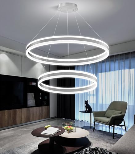 D23.6''+31.5'' Modern Ring Chandelier for Dining Room LED Dimmable Pendant Lighting High Ceiling Chandelier for Living Room Foyer Bedroom Entryway 3000K