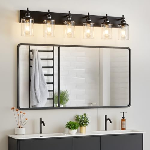 6 Light Black Bathroom Light Fixture Over Mirror Modern Farmhouse Bathroom Vanity Light Vintage Wall Lighting with Clear Glass Shade for Bathroom