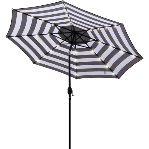 9 ft Solar Umbrella 32 LED Lighted Patio Umbrella Table Market Umbrella with Tilt and Crank Outdoor Umbrella for Garden