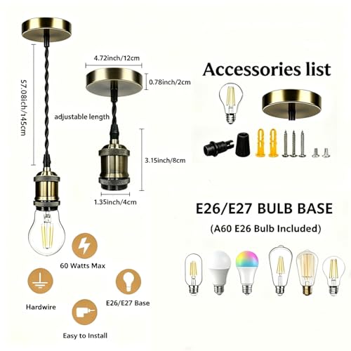 UL Listed] Vintage Brass Pendant Light Kit Industrial