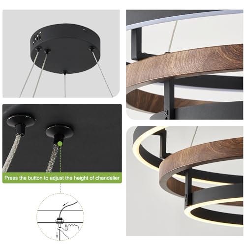 Modern LED Chandelier Black Dimmable 3 Ring Pendant Light for Dining Room