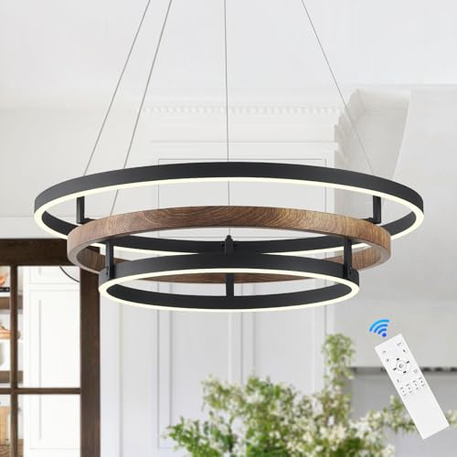 Modern LED Chandelier Black Wood Dimmable 3 Ring Foyer Entry Chandeliers