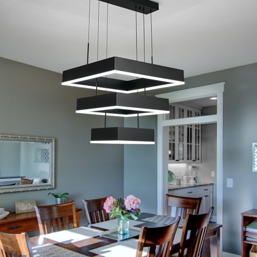 Modern Chandelier 58W LED Black Pendant Light Embedded Mount Square Rings LED Chandeliers Dining Room Light Fixtures for Kitchen Bedroom