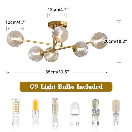Modern 6 Lights Globe Sputnik Flush Mount Ceiling Light Fixture Mid Century Gold Metal Semi Flush Mount Ceiling Light Farmhouse Smoke Gray Glass Bedroom Ceiling Lamp